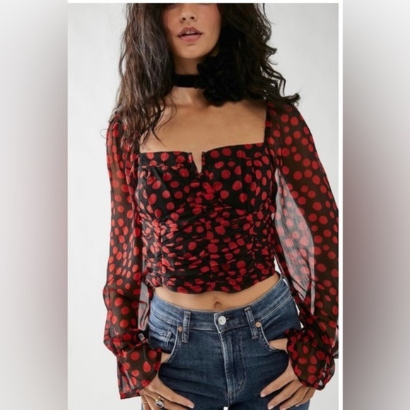 New Free People Red Black Parka Top Retro Style Smocked Crop Valentine - Picture 4 of 8